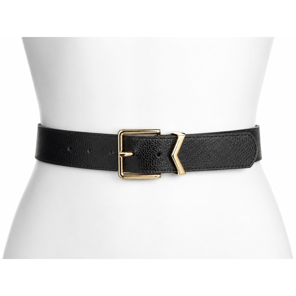 Vince Camuto Belt Women Large Black Gold Chevron Buckle Pebbled Faux Leather